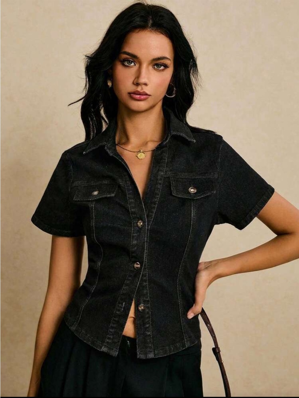 Short-Sleeve Black Denim Button-Down Shirt